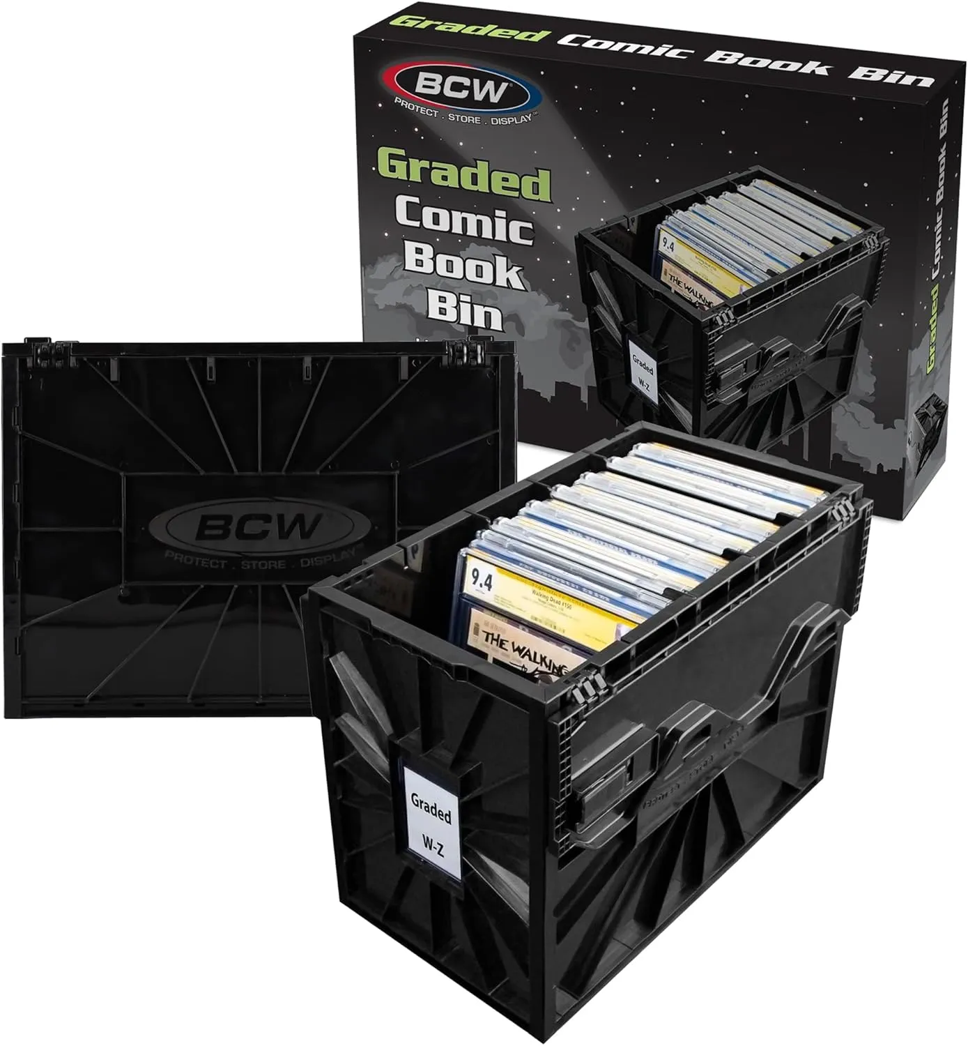 BCW Graded Comic Book Bin - Black 2 Pack | Fits ~30 Graded Slabs | Acid-Free, Stackable Plastic Storage Box with Partition