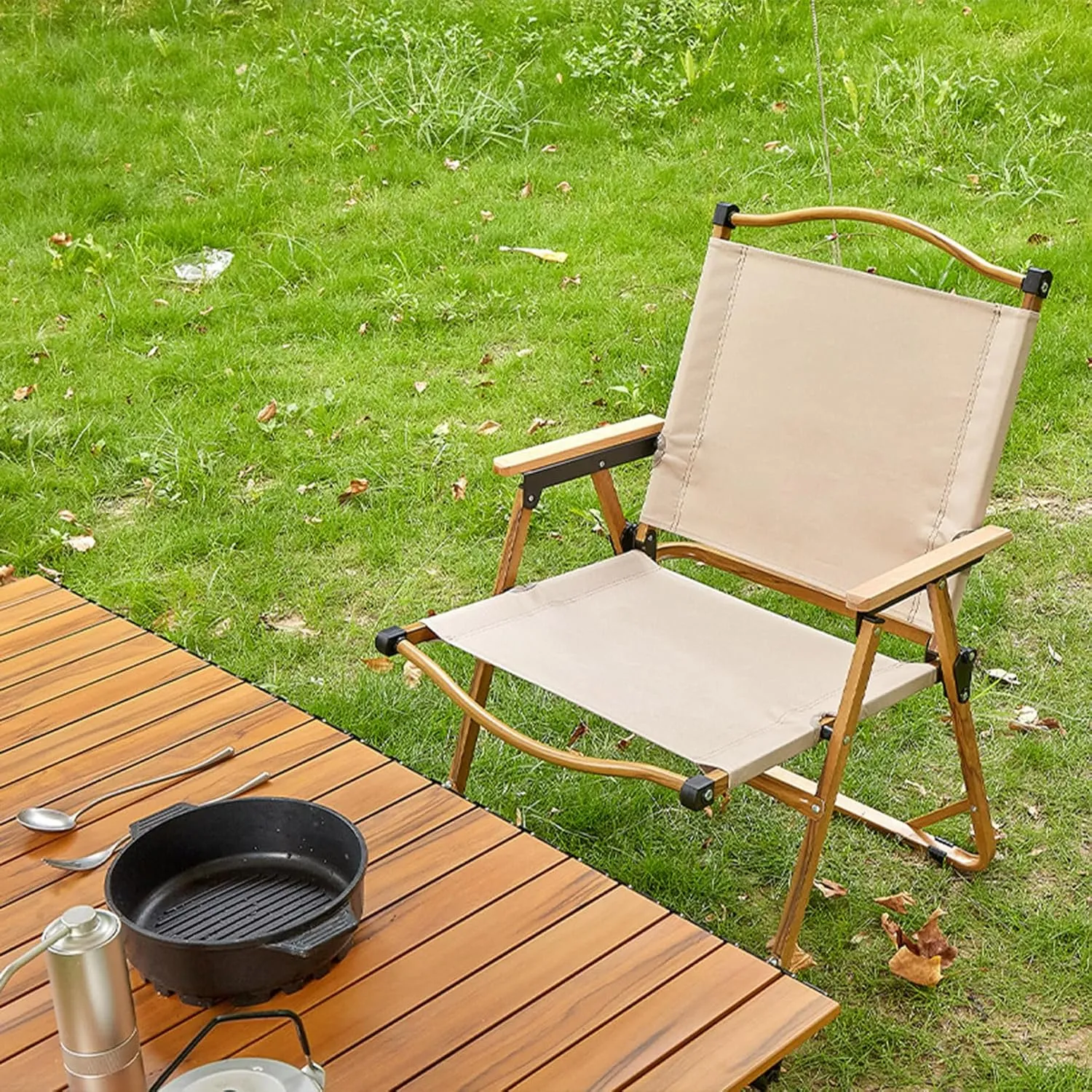 Beach Chair - Portable Reclining Lounger for Tanning - Camping Directors Chair - Heavy Duty Collapsible Chairs for Sports Garden Beach Fishing, 51x41x61cm, Beige