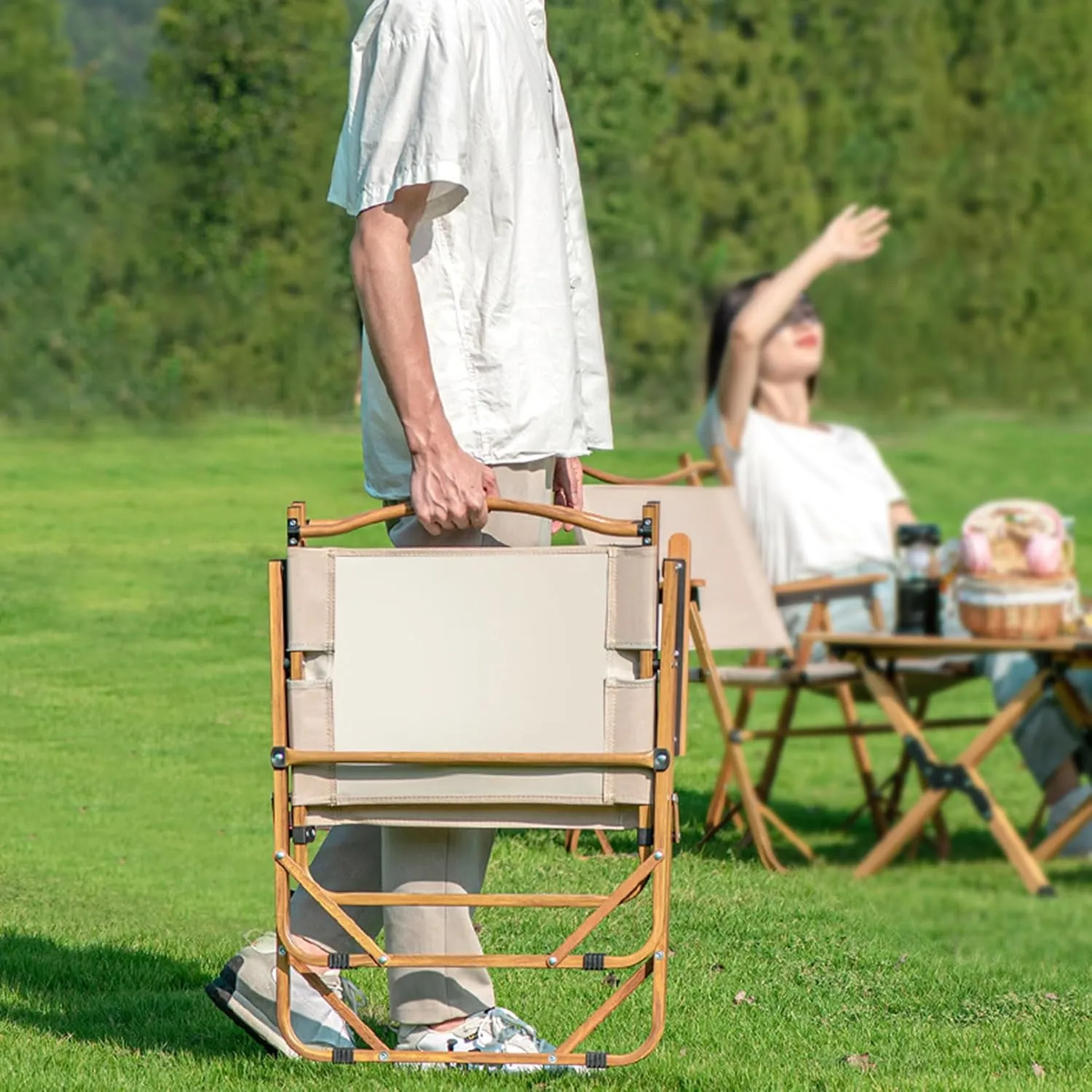 Beach Chair - Portable Reclining Lounger for Tanning - Camping Directors Chair - Heavy Duty Collapsible Chairs for Sports Garden Beach Fishing, 51x41x61cm, Beige