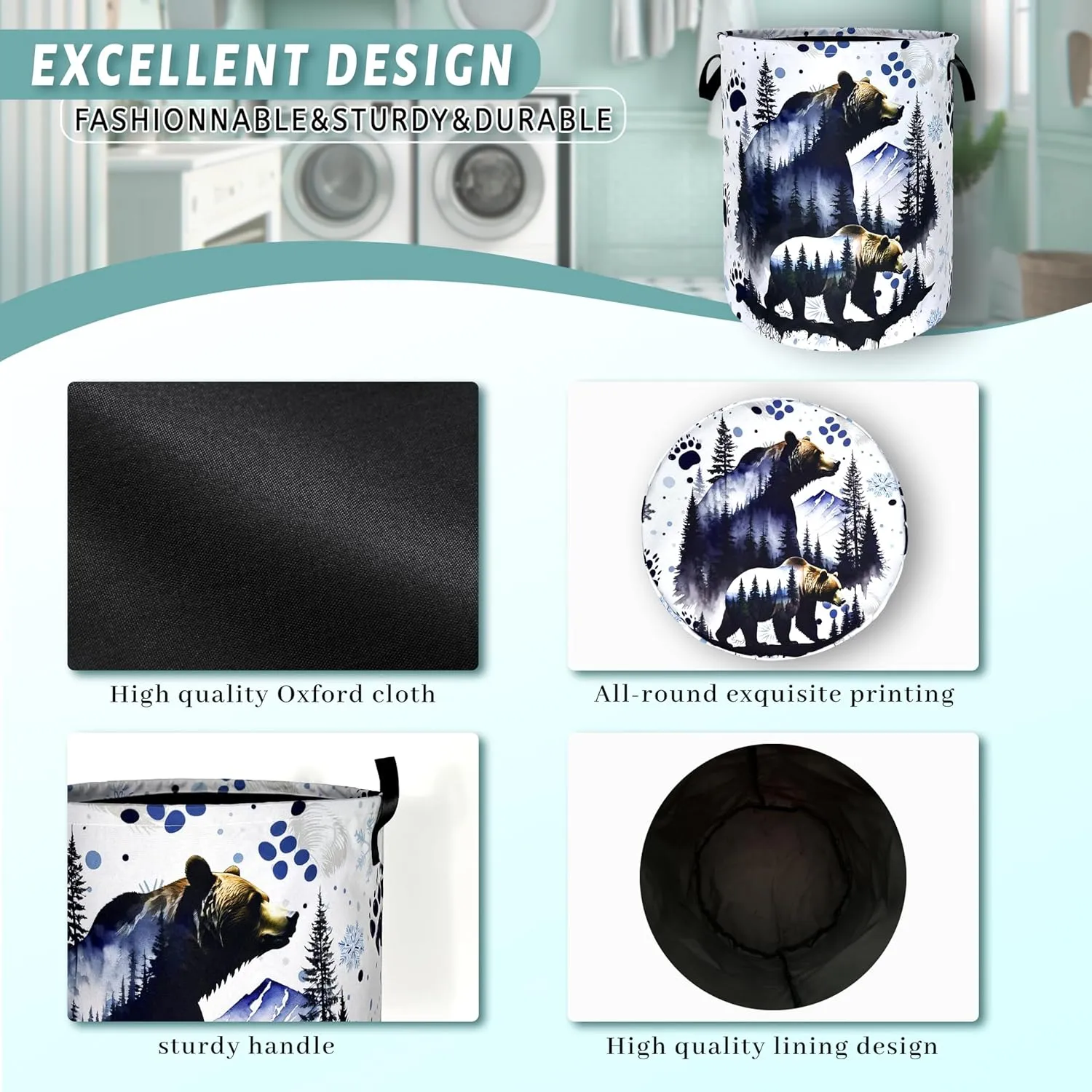 Bear Forest Laundry Basket Animal Bears Laundry Hamper Foldable Oxford Cloth Adventure Funny Tote Bag Clothes Toy Storage Bucket For Bathroom/Laundry Storage/Bedroom 18.9 x 16.5 Inch