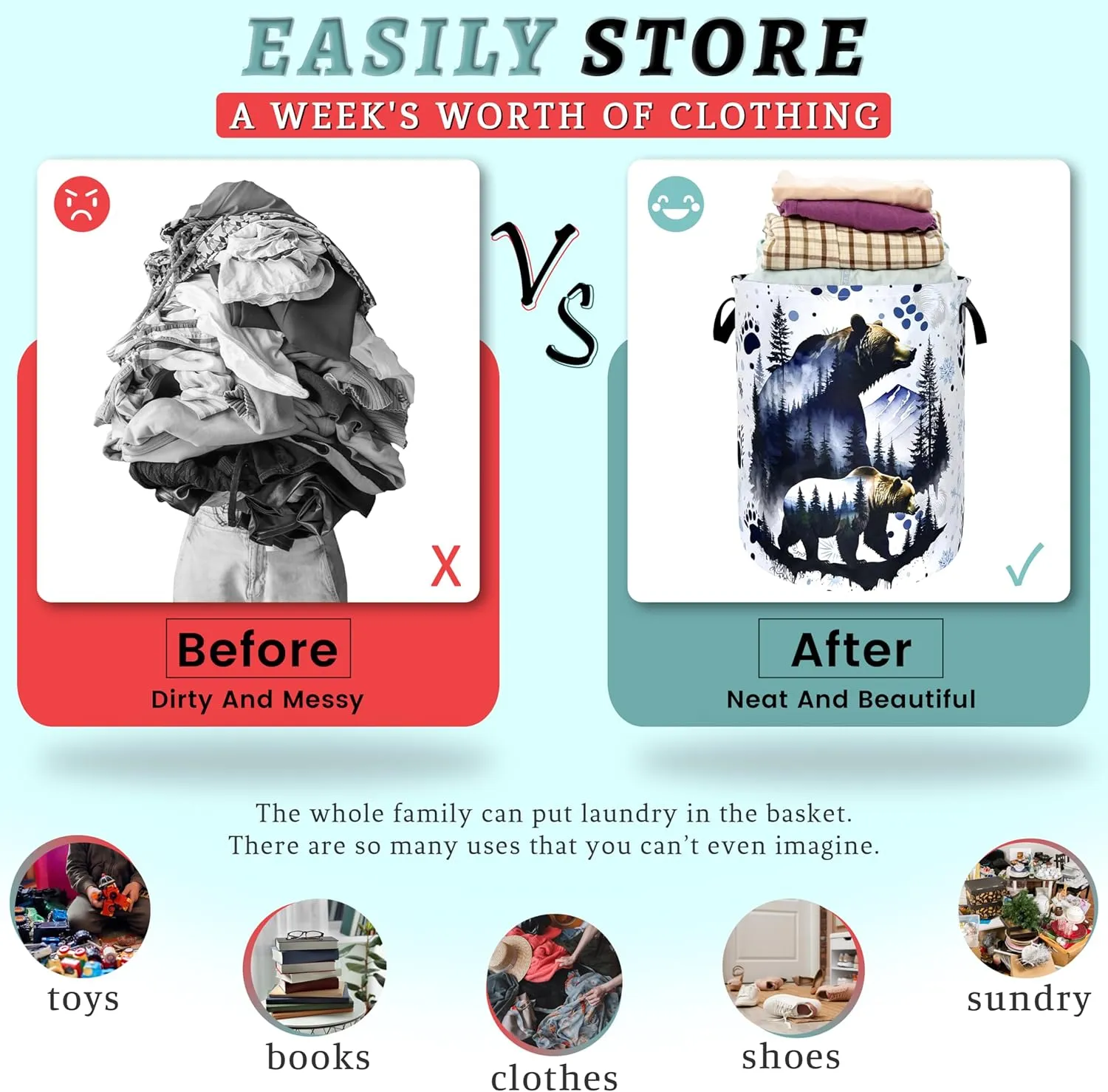 Bear Forest Laundry Basket Animal Bears Laundry Hamper Foldable Oxford Cloth Adventure Funny Tote Bag Clothes Toy Storage Bucket For Bathroom/Laundry Storage/Bedroom 18.9 x 16.5 Inch