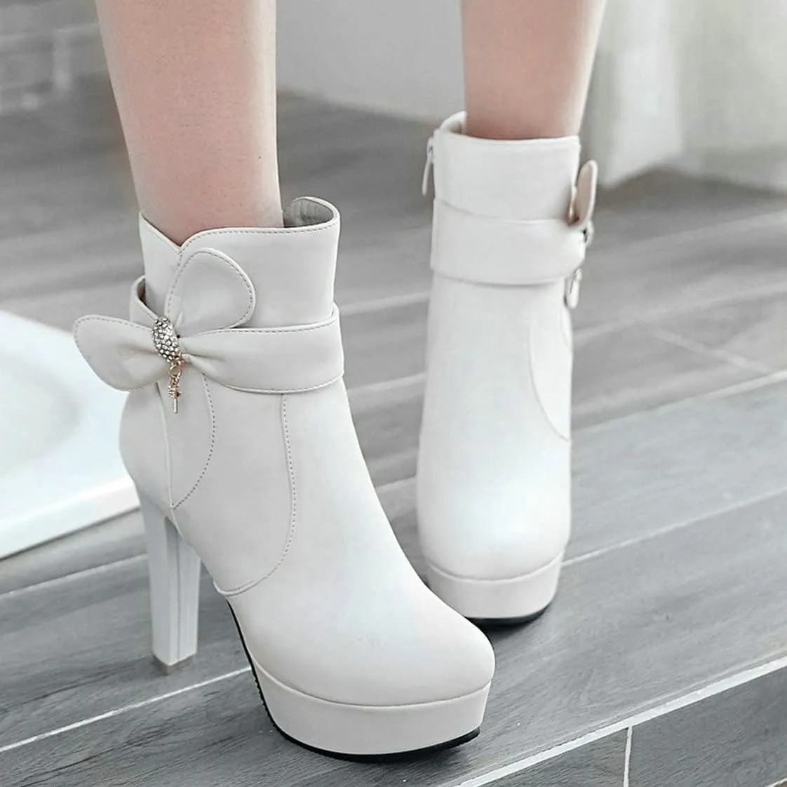 BEAUPAS Women's High Heel Platform Ankle Boots Chunky Block Heel Round Toe Ankle Booties Zip Up Cute Bows Shoes