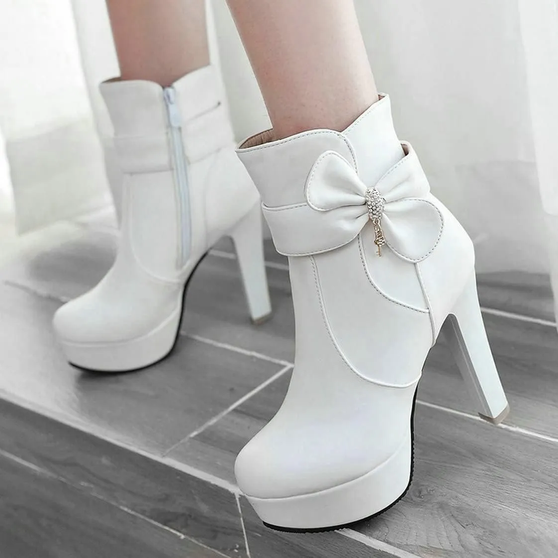 BEAUPAS Women's High Heel Platform Ankle Boots Chunky Block Heel Round Toe Ankle Booties Zip Up Cute Bows Shoes