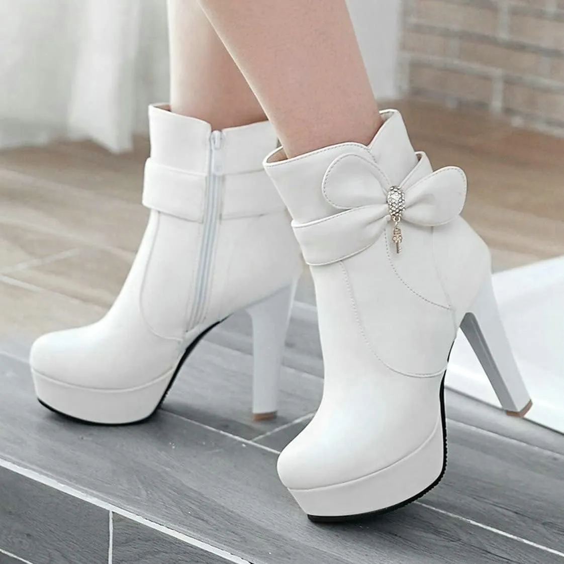 BEAUPAS Women's High Heel Platform Ankle Boots Chunky Block Heel Round Toe Ankle Booties Zip Up Cute Bows Shoes