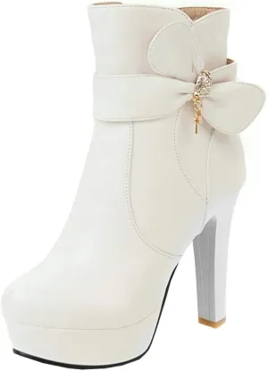 BEAUPAS Women's High Heel Platform Ankle Boots Chunky Block Heel Round Toe Ankle Booties Zip Up Cute Bows Shoes