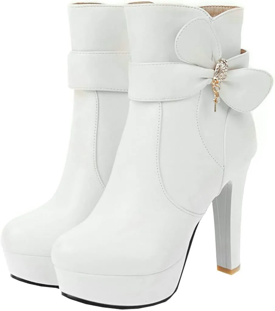 BEAUPAS Women's High Heel Platform Ankle Boots Chunky Block Heel Round Toe Ankle Booties Zip Up Cute Bows Shoes