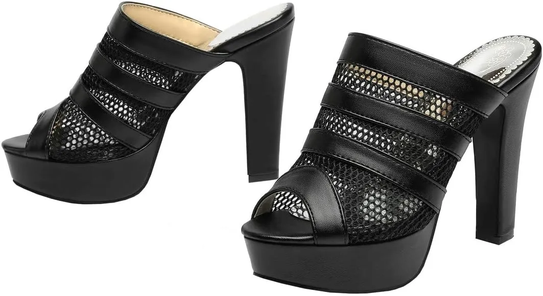 BEAUPAS Women's Platform High Heel Peep Toe Mules Chunky Block Heeled Sandals Mesh Cut Out Open Toe Slippers Shoes