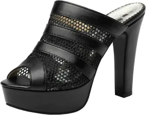 BEAUPAS Women's Platform High Heel Peep Toe Mules Chunky Block Heeled Sandals Mesh Cut Out Open Toe Slippers Shoes