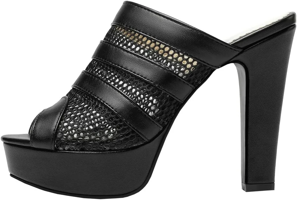 BEAUPAS Women's Platform High Heel Peep Toe Mules Chunky Block Heeled Sandals Mesh Cut Out Open Toe Slippers Shoes