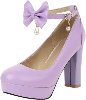 BEAUPAS Women's Platform High Heels Ankle Strap Chunky Heel Pumps Bows Buckle Cute Shoes
