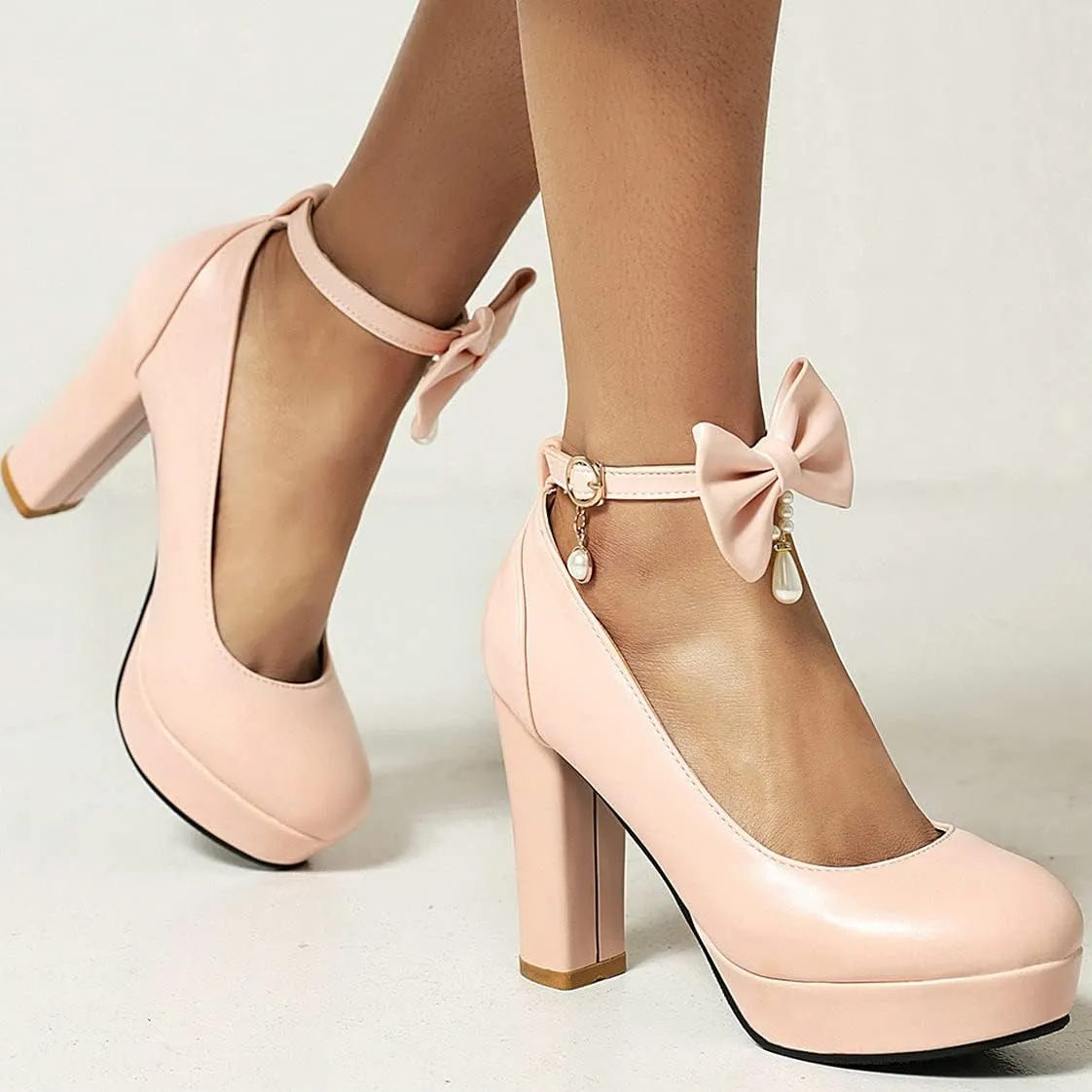 BEAUPAS Women's Platform High Heels Ankle Strap Chunky Heel Pumps Bows Buckle Cute Shoes