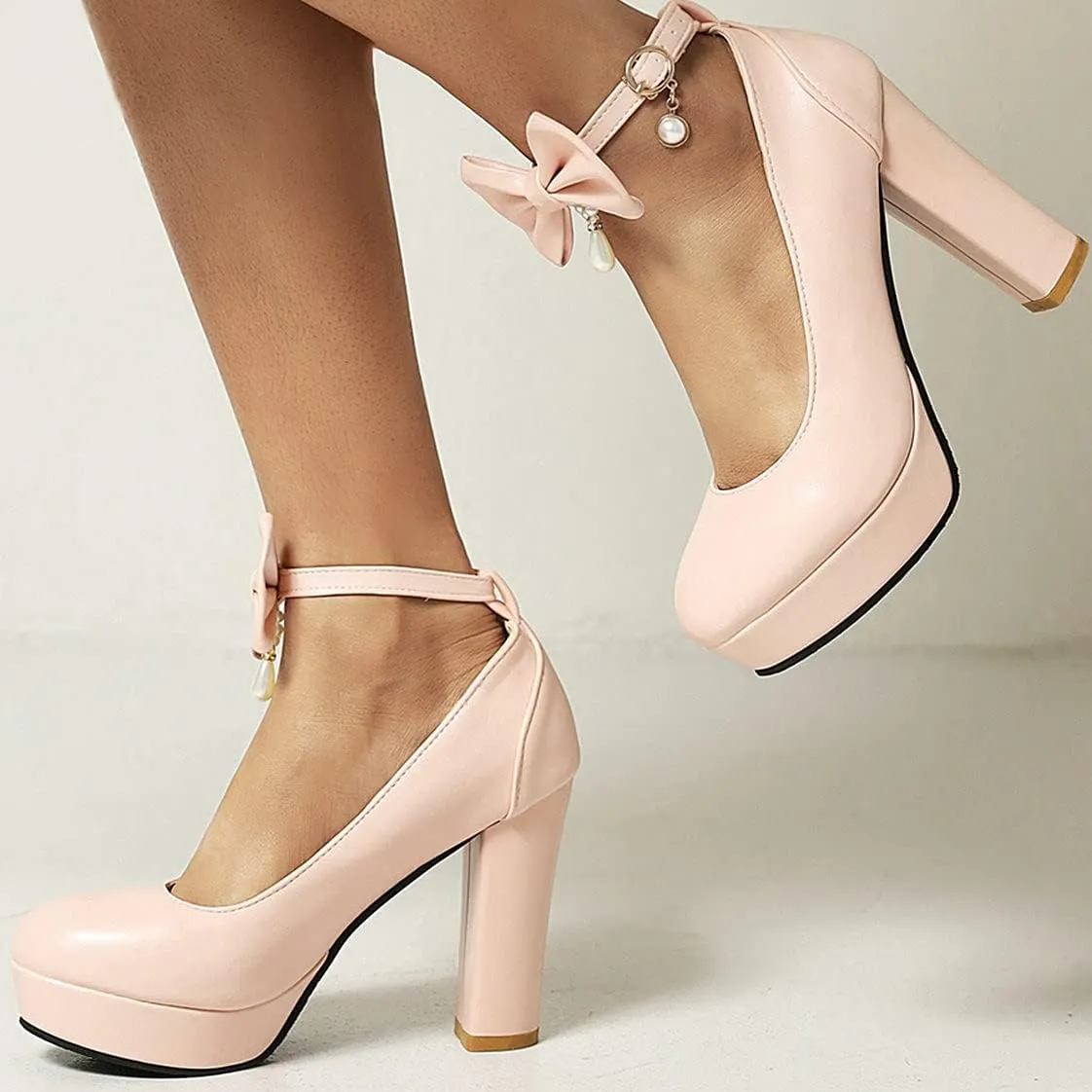 BEAUPAS Women's Platform High Heels Ankle Strap Chunky Heel Pumps Bows Buckle Cute Shoes