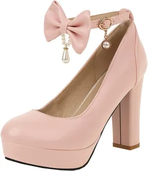 BEAUPAS Women's Platform High Heels Ankle Strap Chunky Heel Pumps Bows Buckle Cute Shoes