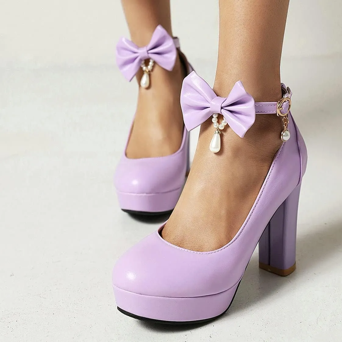 BEAUPAS Women's Platform High Heels Ankle Strap Chunky Heel Pumps Bows Buckle Cute Shoes