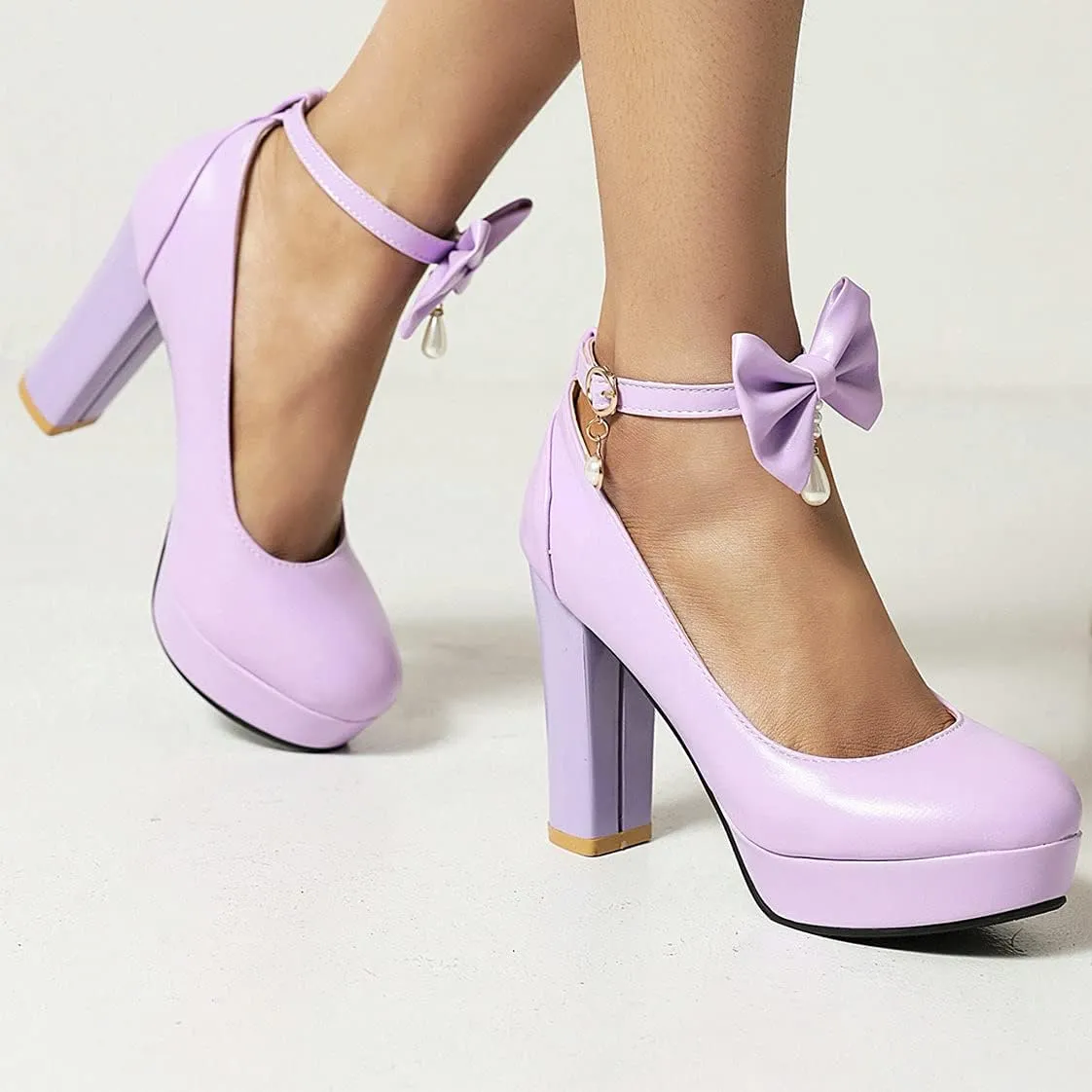BEAUPAS Women's Platform High Heels Ankle Strap Chunky Heel Pumps Bows Buckle Cute Shoes