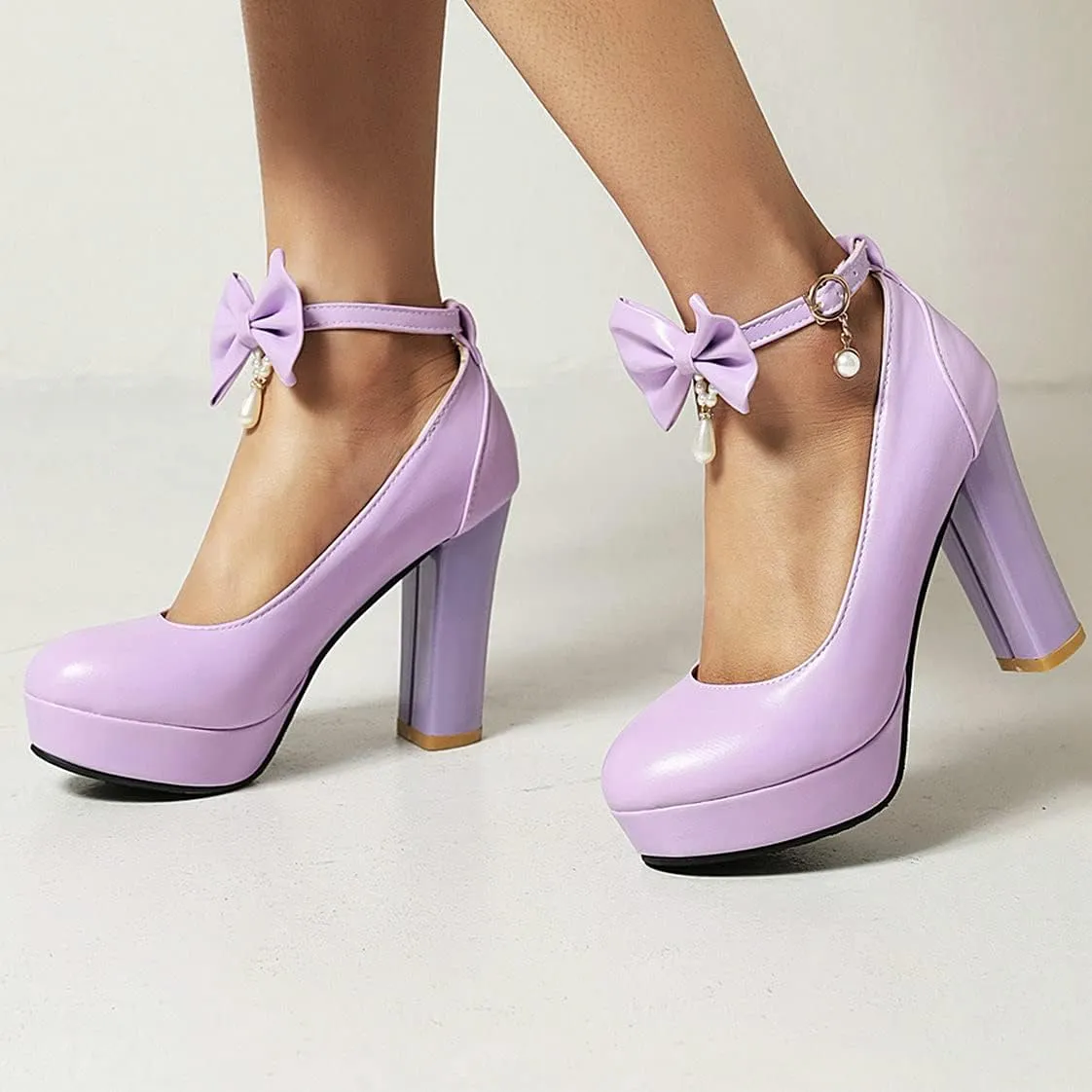 BEAUPAS Women's Platform High Heels Ankle Strap Chunky Heel Pumps Bows Buckle Cute Shoes