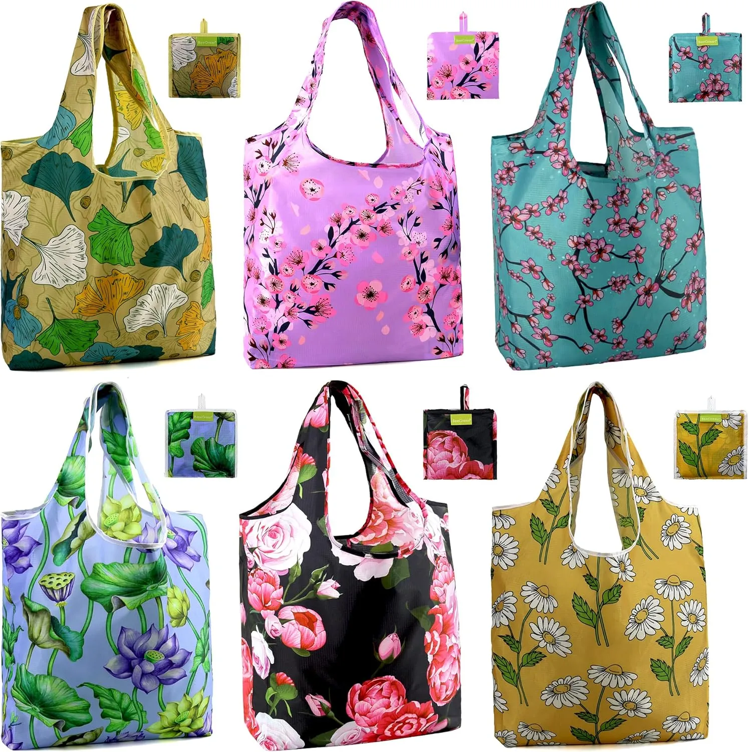 BeeGreen Floral Foldable Grocery Reusable Bags Large Shopping Tote for Groceries Cute Holiday Bags Cloth Bags With Handles Gift Bags Groceries Tote bag Bulk Polyester Bags Heavy Duty