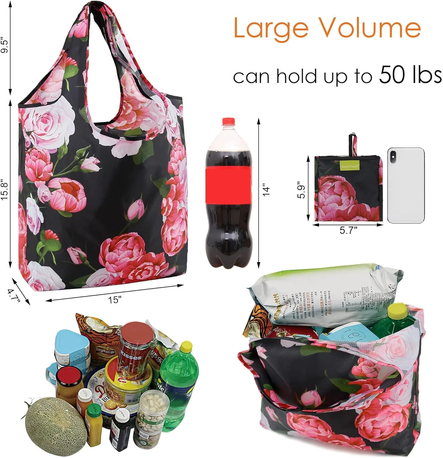 BeeGreen Floral Foldable Grocery Reusable Bags Large Shopping Tote for Groceries Cute Holiday Bags Cloth Bags With Handles Gift Bags Groceries Tote bag Bulk Polyester Bags Heavy Duty