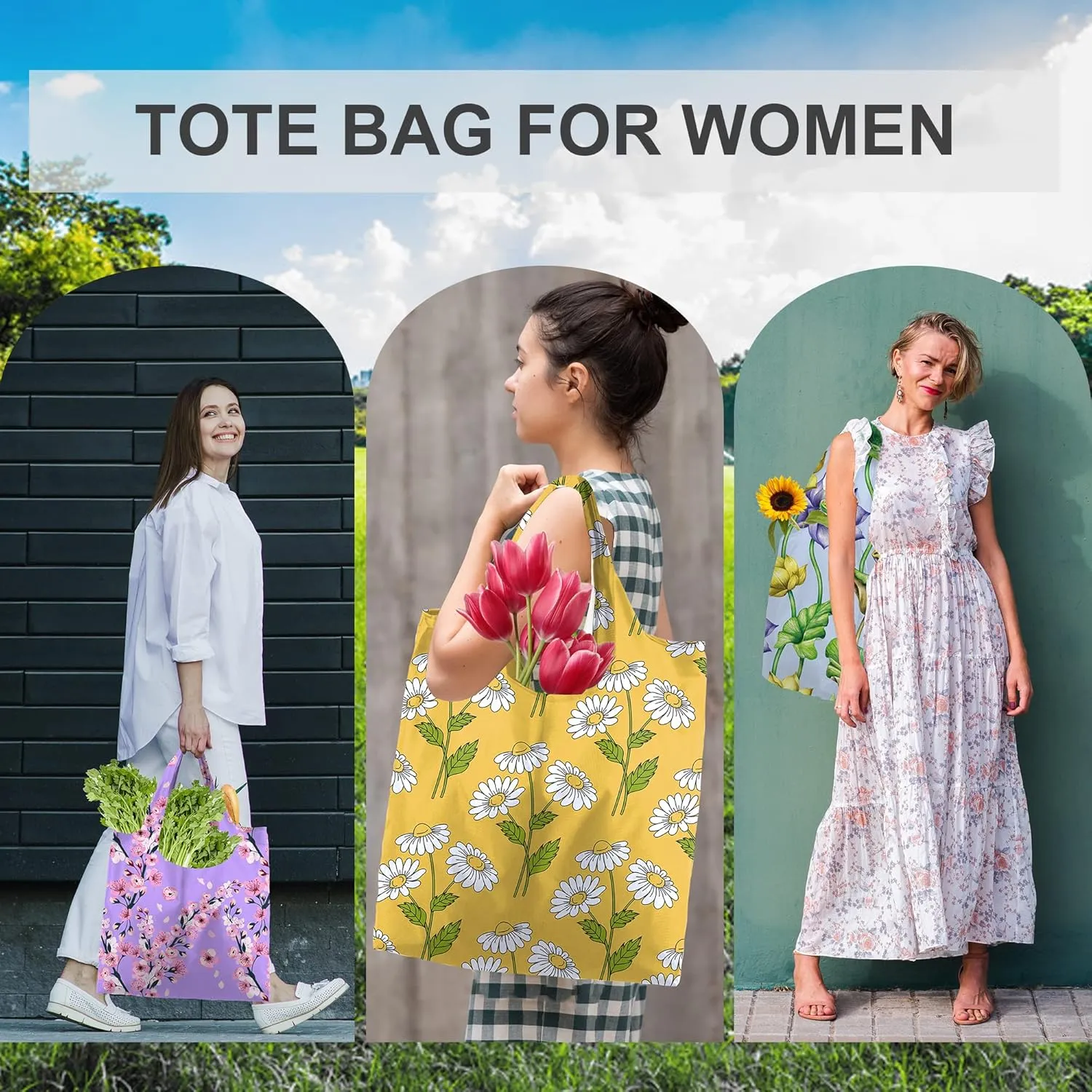 BeeGreen Floral Foldable Grocery Reusable Bags Large Shopping Tote for Groceries Cute Holiday Bags Cloth Bags With Handles Gift Bags Groceries Tote bag Bulk Polyester Bags Heavy Duty