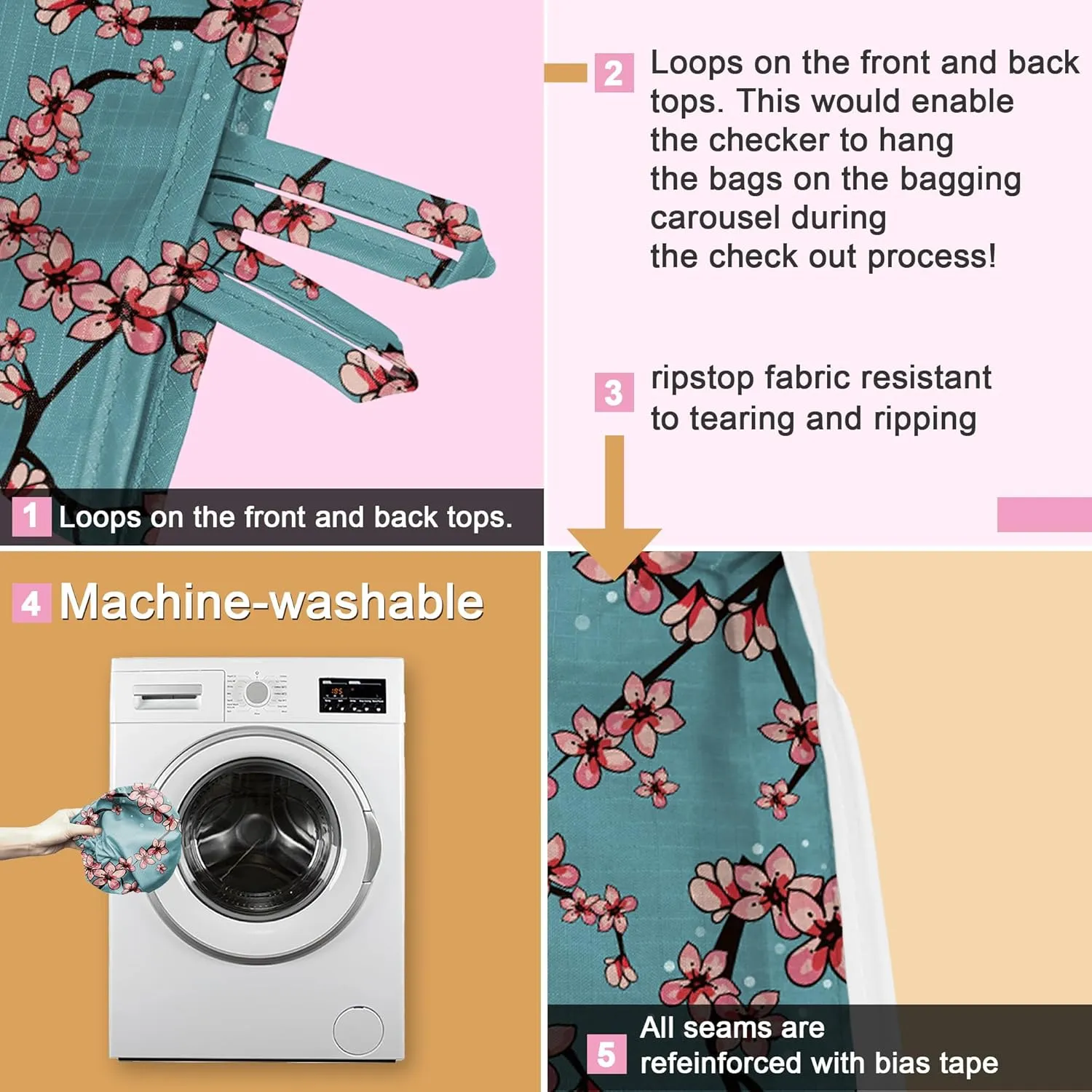 BeeGreen Floral Foldable Grocery Reusable Bags Large Shopping Tote for Groceries Cute Holiday Bags Cloth Bags With Handles Gift Bags Groceries Tote bag Bulk Polyester Bags Heavy Duty