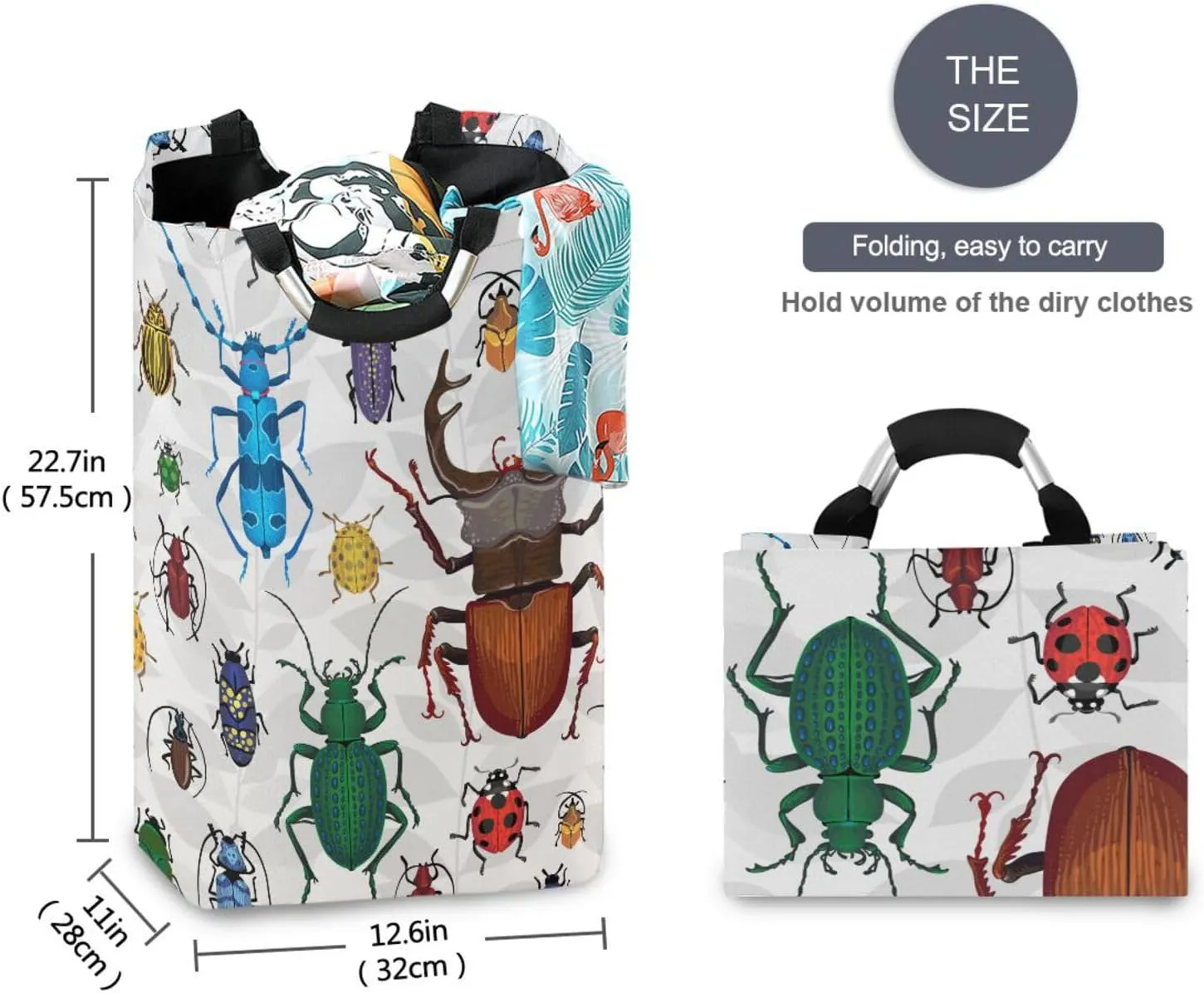 Beetles Colorful Bugs Large Laundry Baskets Washing Hamper Bag Funny Animals Dirty Clothes Storage Bin Toy book Clothing Holder With Handles For Home Bathroom Bedroom 50L
