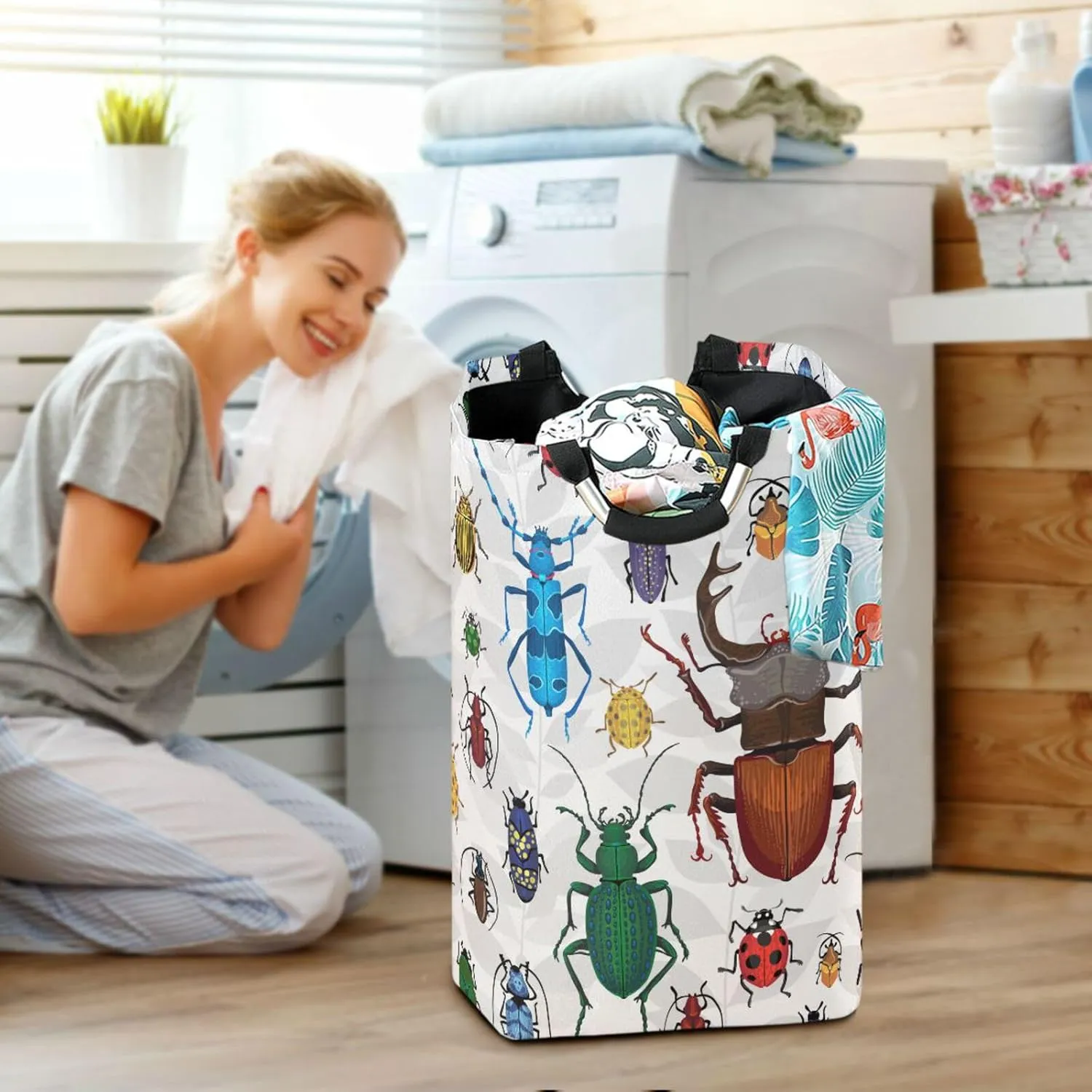 Beetles Colorful Bugs Large Laundry Baskets Washing Hamper Bag Funny Animals Dirty Clothes Storage Bin Toy book Clothing Holder With Handles For Home Bathroom Bedroom 50L