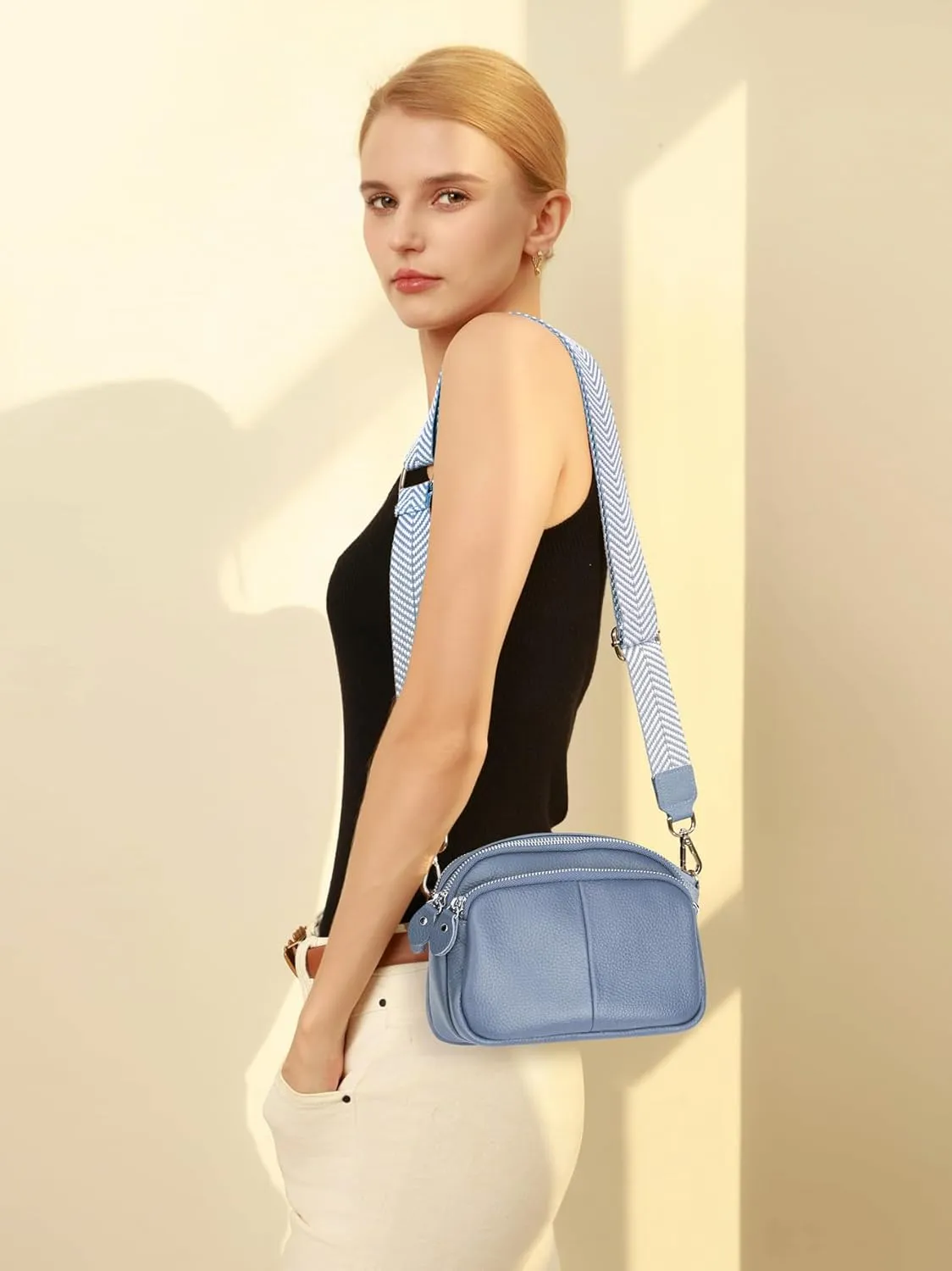 befen Small Genuine Leather Camera Crossbody Bags for Women Triple Zip Cross Body Purses Handbag with Wide Strap