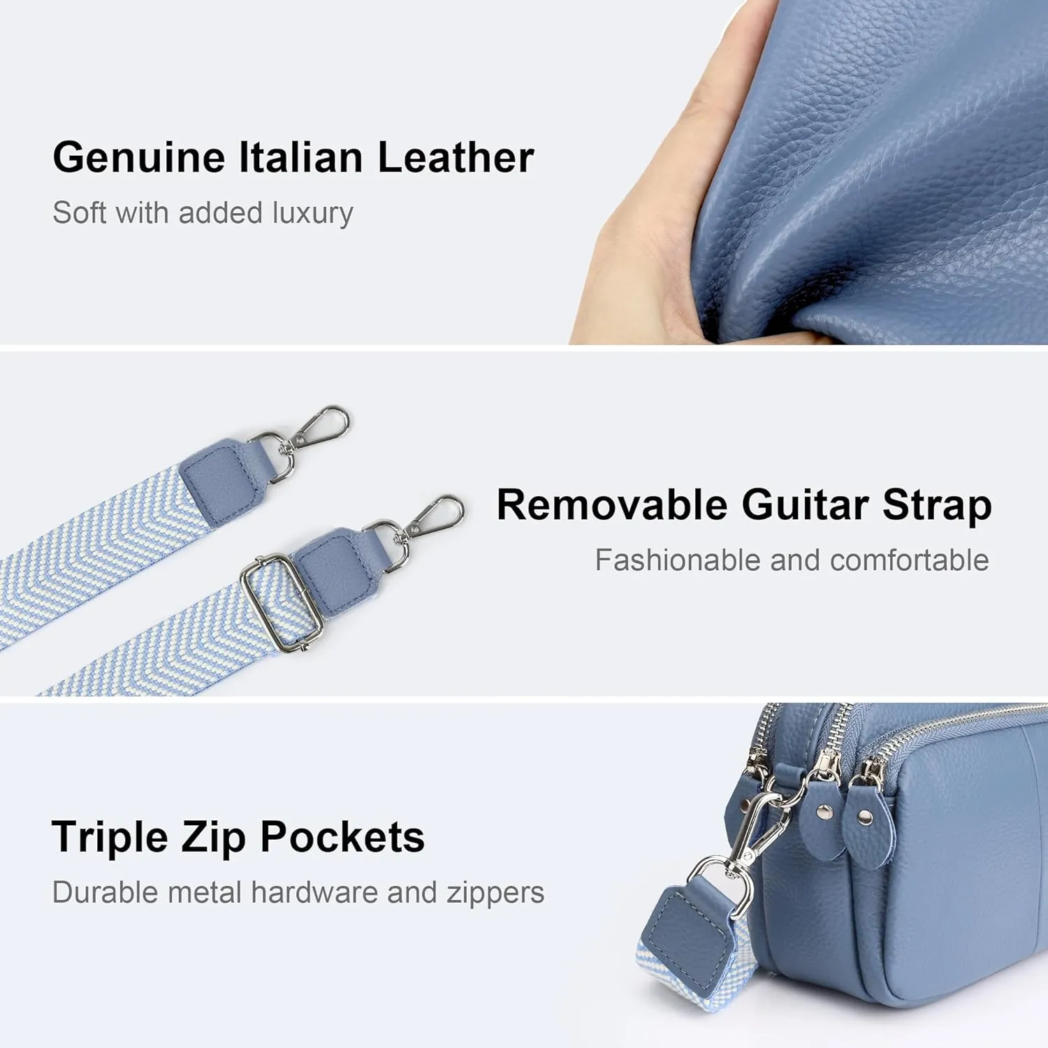 befen Small Genuine Leather Camera Crossbody Bags for Women Triple Zip Cross Body Purses Handbag with Wide Strap
