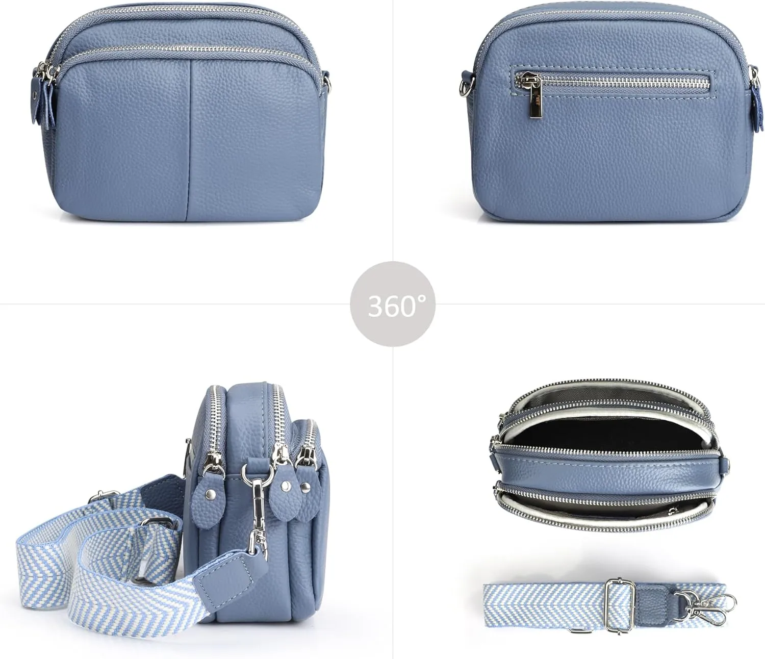 befen Small Genuine Leather Camera Crossbody Bags for Women Triple Zip Cross Body Purses Handbag with Wide Strap