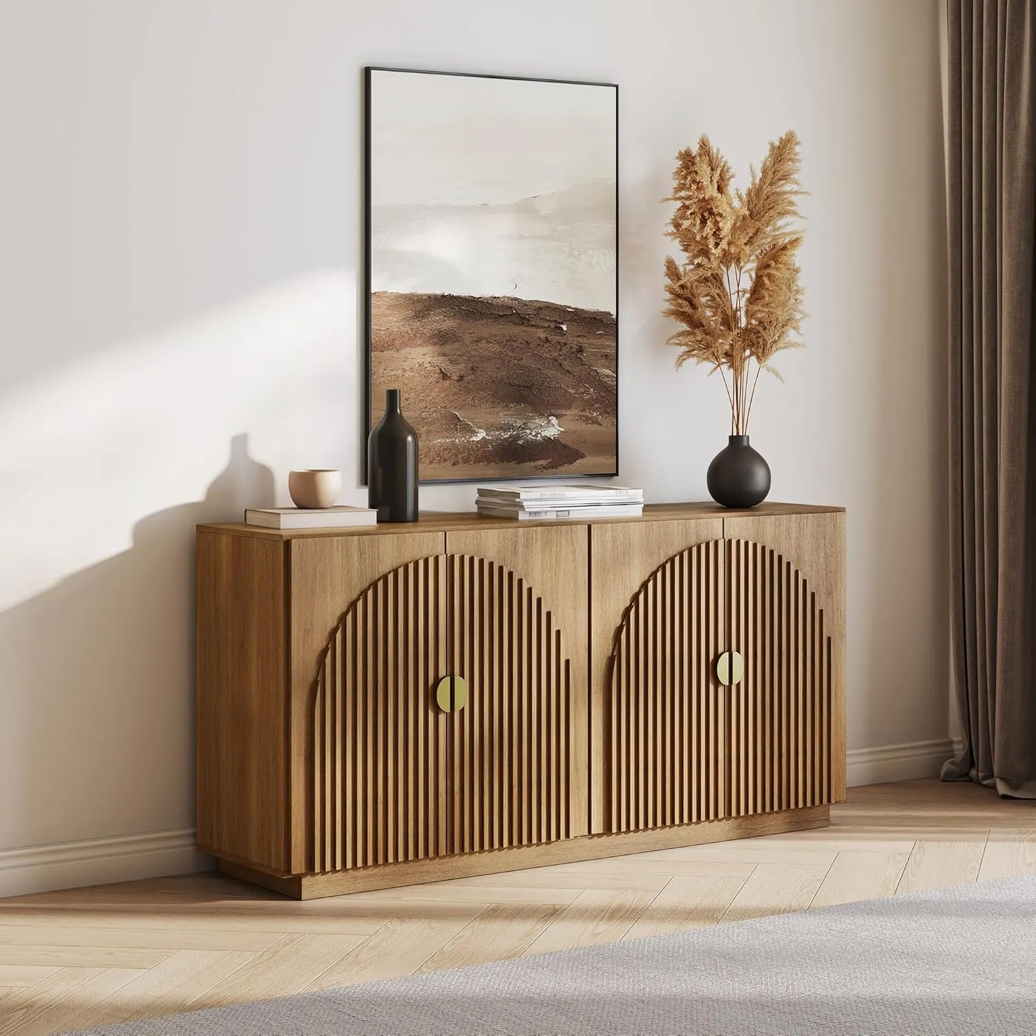 BELLEZE 65 Inch Fluted Buffet Cabinet with Storage, Symmetrical Arc Accent Sideboard Large Console Table for Dining Room, Kitchen, and Living Room (Caramel Brown)