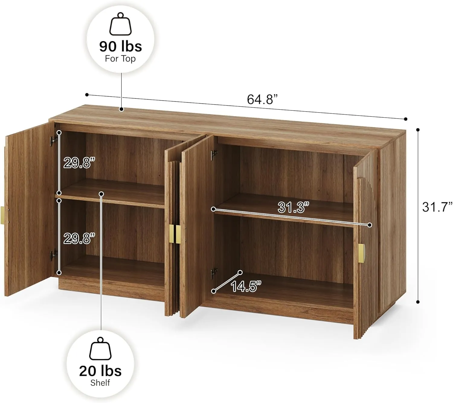 BELLEZE 65 Inch Fluted Buffet Cabinet with Storage, Symmetrical Arc Accent Sideboard Large Console Table for Dining Room, Kitchen, and Living Room (Caramel Brown)