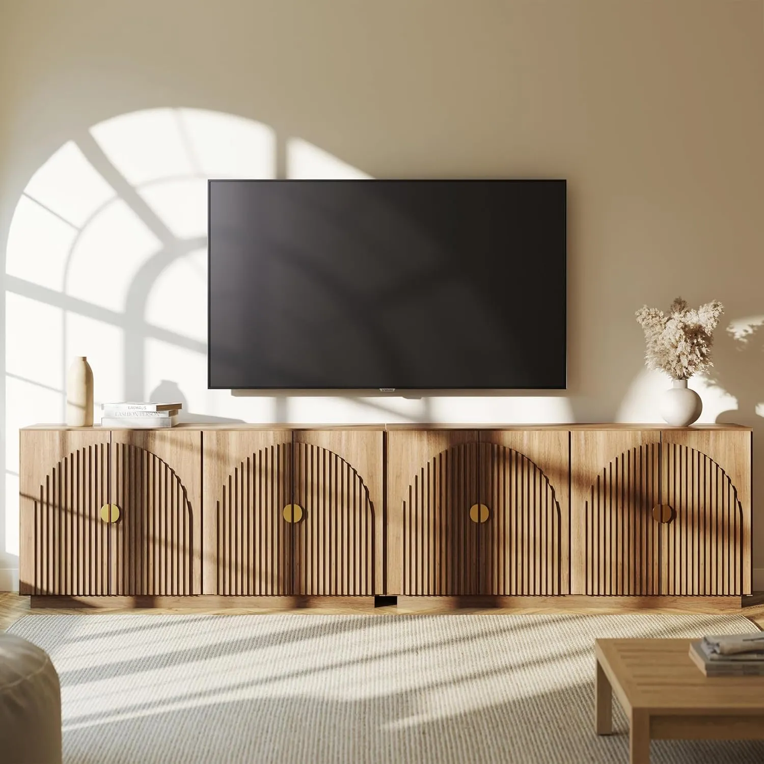 BELLEZE 65 Inch Fluted Buffet Cabinet with Storage, Symmetrical Arc Accent Sideboard Large Console Table for Dining Room, Kitchen, and Living Room (Caramel Brown)
