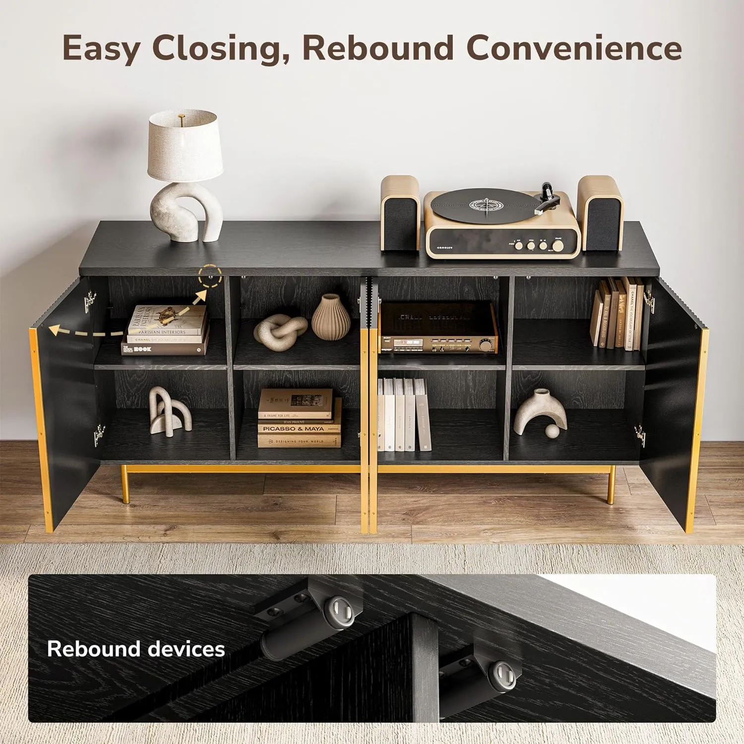 BELLEZE Sideboard Buffet Cabinet, 63" Cabinet with Fluted Decorative Doors, Modern Console Table for Dinning Room, Kitchen & Living Room - Colemen (Ebony)