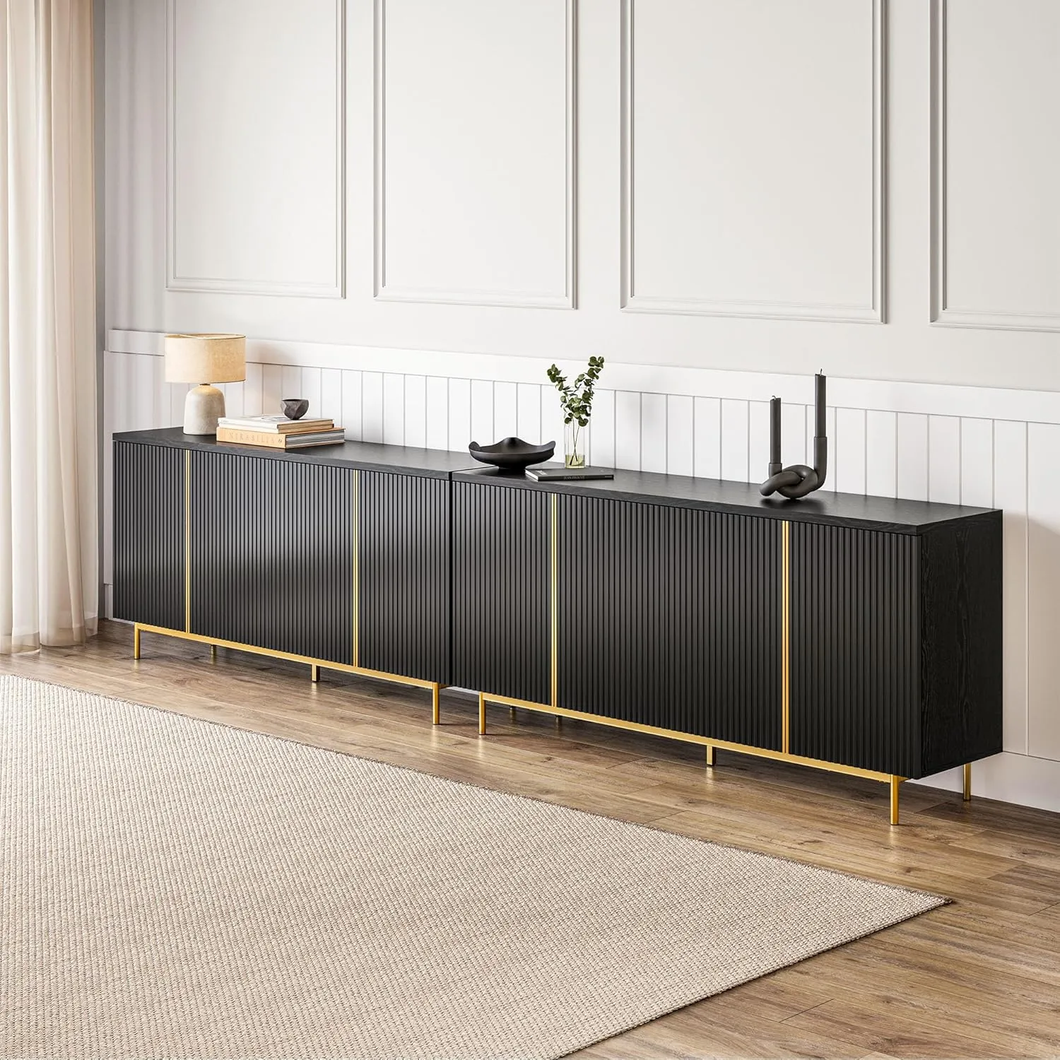 BELLEZE Sideboard Buffet Cabinet, 63" Cabinet with Fluted Decorative Doors, Modern Console Table for Dinning Room, Kitchen & Living Room - Colemen (Ebony)