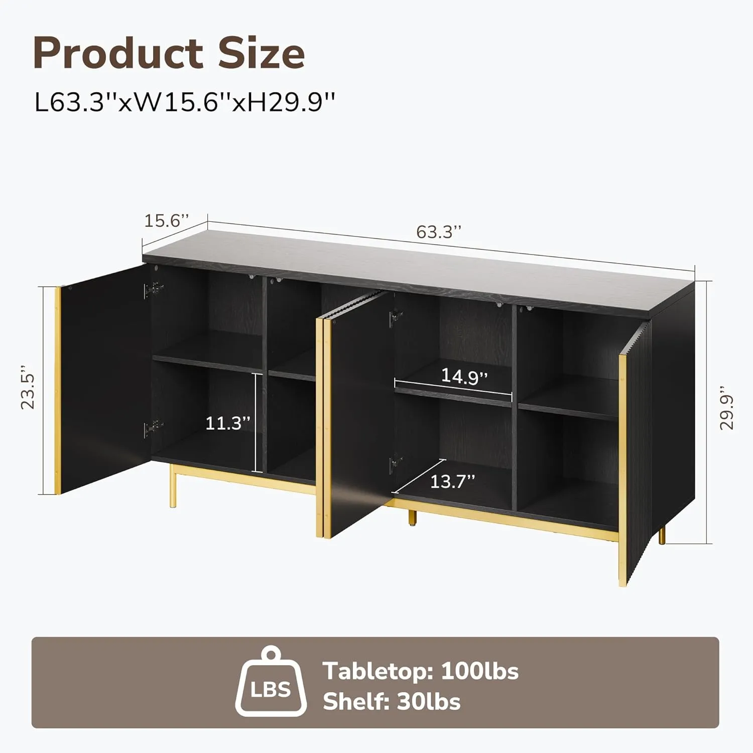 BELLEZE Sideboard Buffet Cabinet, 63" Cabinet with Fluted Decorative Doors, Modern Console Table for Dinning Room, Kitchen & Living Room - Colemen (Ebony)