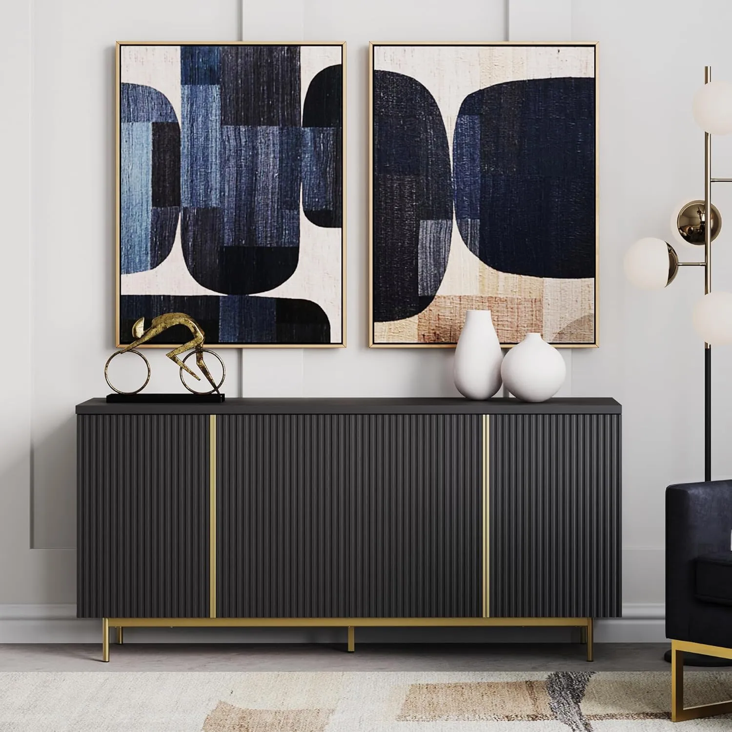 BELLEZE Sideboard Buffet Cabinet, 63" Cabinet with Fluted Decorative Doors, Modern Console Table for Dinning Room, Kitchen & Living Room - Colemen (Ebony)