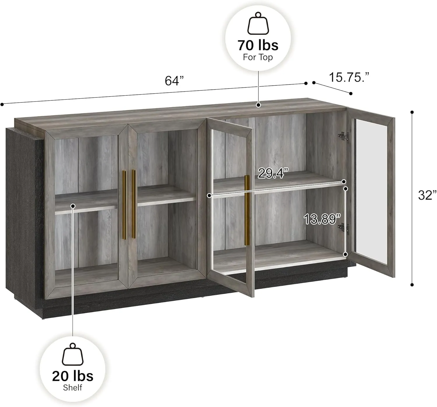 BELLEZE Sideboard Buffet Cabinet, Modern Wood Glass-Buffet-Sideboard with Storage, Console Table for Kitchen, Dining Room, Living Room, Hallway, or Entrance - Brixston (Grey)