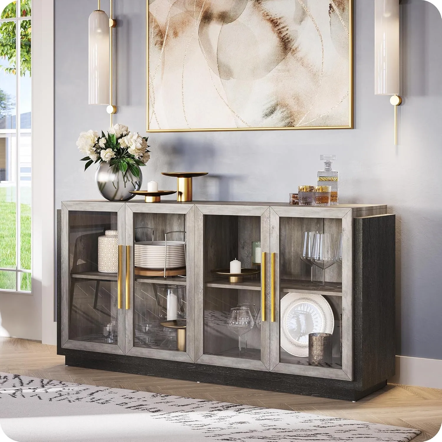 BELLEZE Sideboard Buffet Cabinet, Modern Wood Glass-Buffet-Sideboard with Storage, Console Table for Kitchen, Dining Room, Living Room, Hallway, or Entrance - Brixston (Grey)