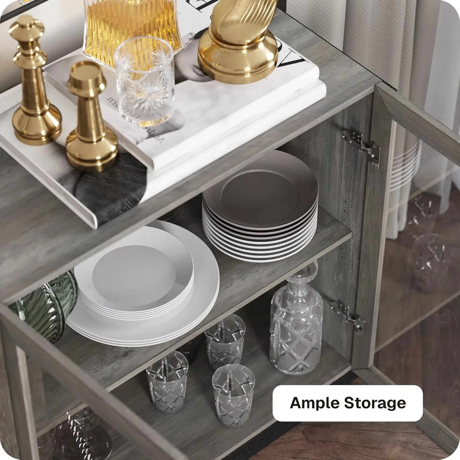 BELLEZE Sideboard Buffet Cabinet, Modern Wood Glass-Buffet-Sideboard with Storage, Console Table for Kitchen, Dining Room, Living Room, Hallway, or Entrance - Brixston (Grey)