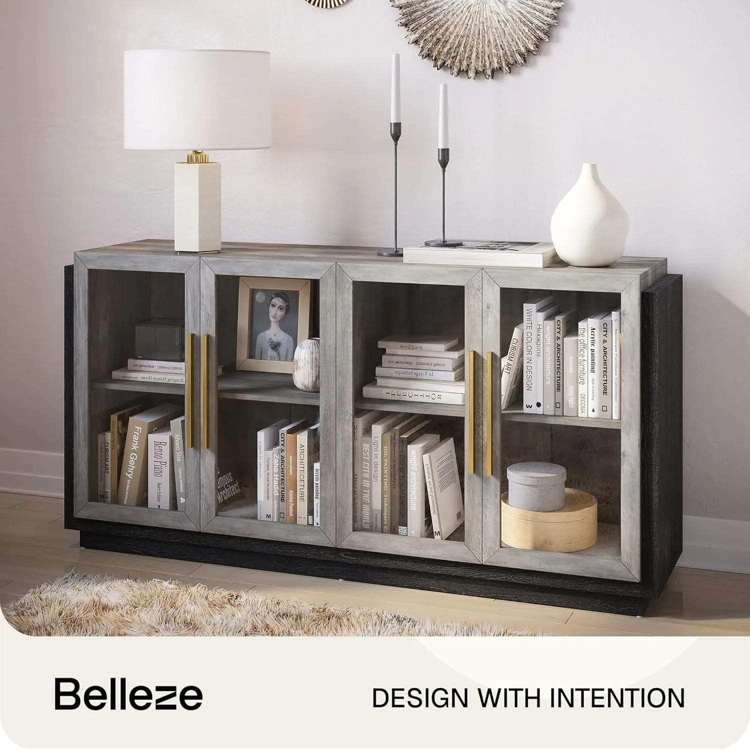 BELLEZE Sideboard Buffet Cabinet, Modern Wood Glass-Buffet-Sideboard with Storage, Console Table for Kitchen, Dining Room, Living Room, Hallway, or Entrance - Brixston (Grey)