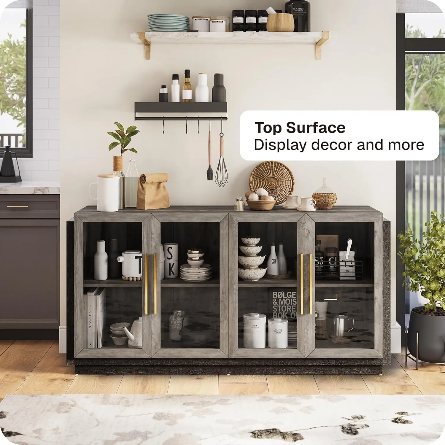 BELLEZE Sideboard Buffet Cabinet, Modern Wood Glass-Buffet-Sideboard with Storage, Console Table for Kitchen, Dining Room, Living Room, Hallway, or Entrance - Brixston (Grey)