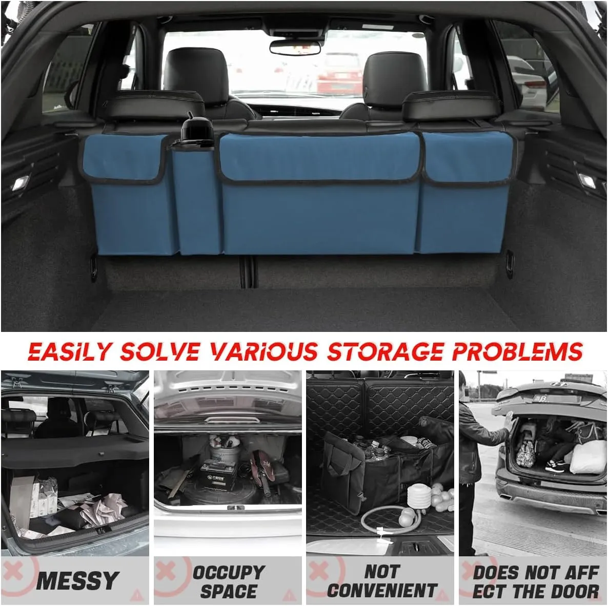 BELOMI Car Trunk Organizer, Auto Waterproof Sturdy Backseat Hanging Large Storage Collapsible Cargo Bag with Anti-Slip Adjustable Strip&4 Pockets, Vehicle Interior Accessories for Man Woman (Blue)