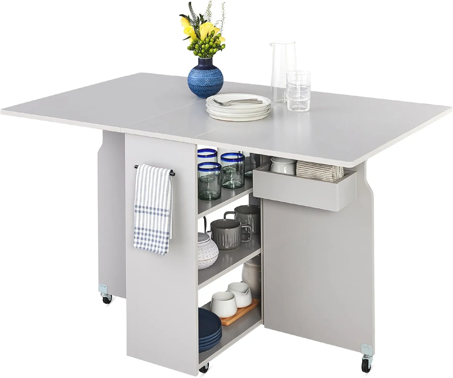 Best Choice Products Folding Dining Table, Multipurpose Space Saving Collapsible Drop Leaf Extension Desk w/Wheels, 3 Storage Shelves - Cement Gray