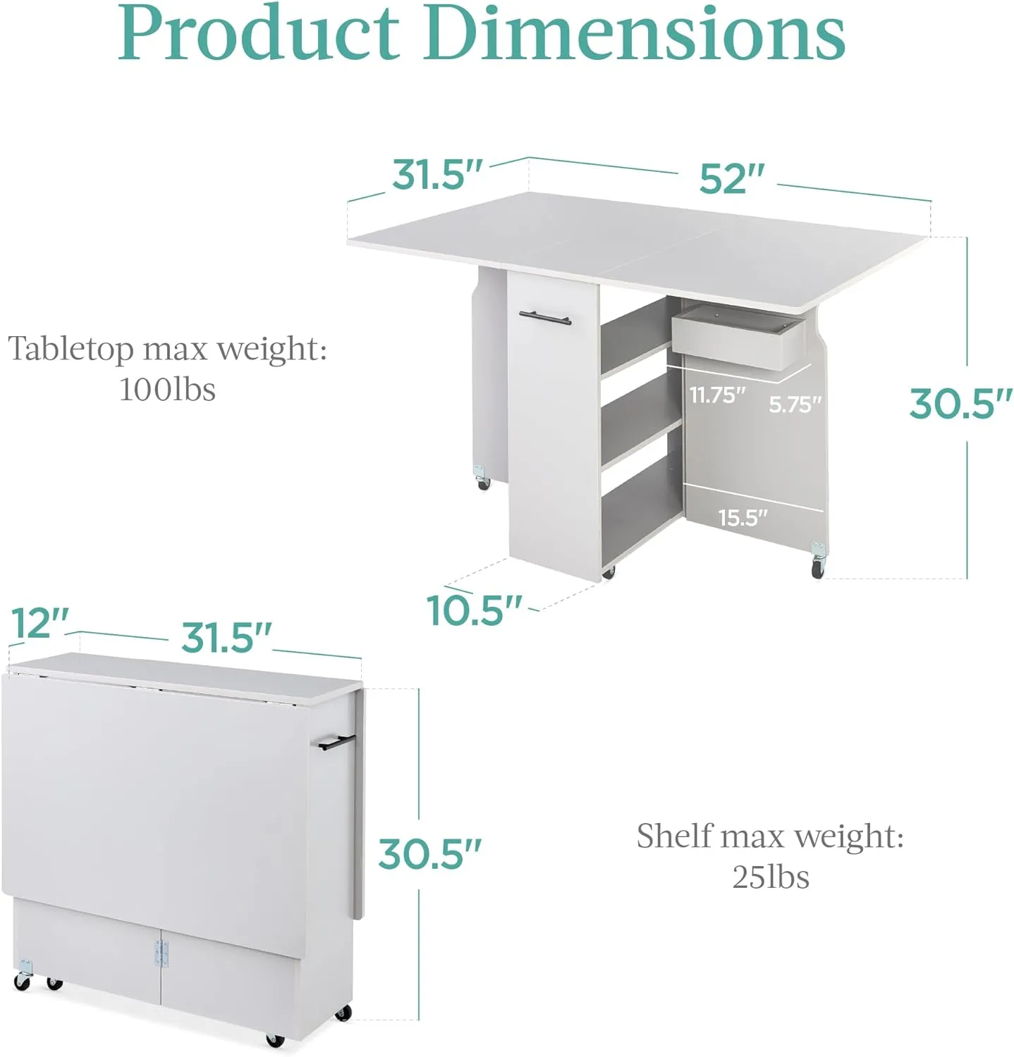Best Choice Products Folding Dining Table, Multipurpose Space Saving Collapsible Drop Leaf Extension Desk w/Wheels, 3 Storage Shelves - Cement Gray