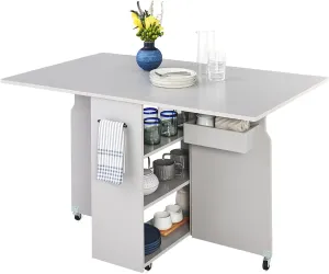Best Choice Products Folding Dining Table, Multipurpose Space Saving Collapsible Drop Leaf Extension Desk w/Wheels, 3 Storage Shelves - Cement Gray