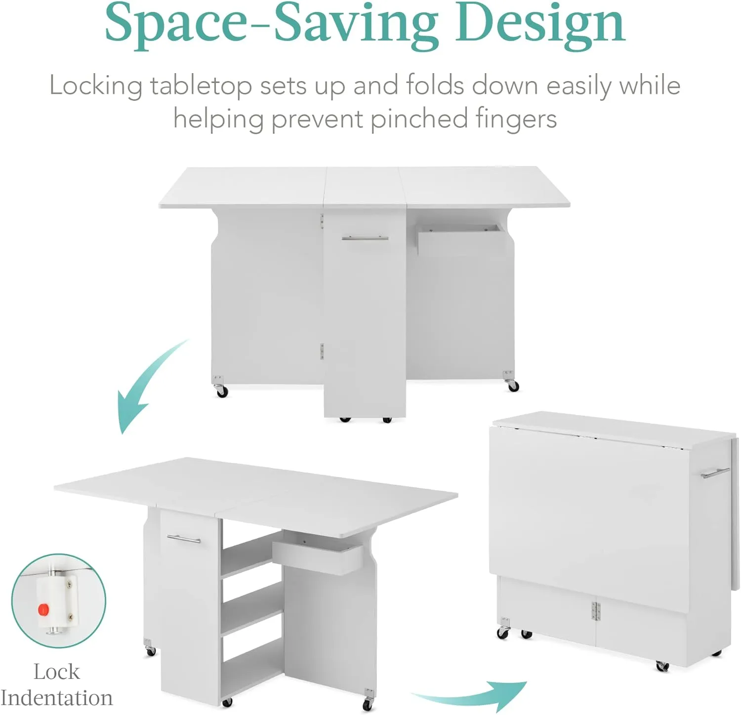 Best Choice Products Folding Dining Table, Multipurpose Space Saving Collapsible Drop Leaf Extension Desk w/Wheels, 3 Storage Shelves - White