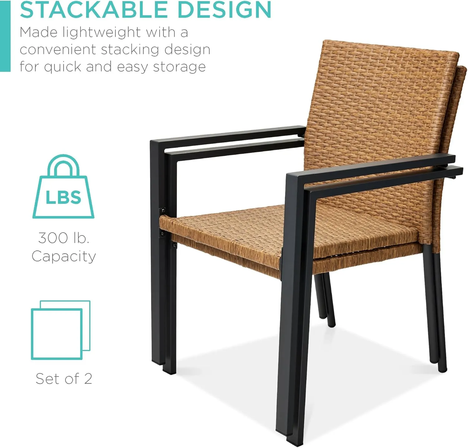 Best Choice Products Set of 2 Stackable Outdoor Wicker Dining Chairs All-Weather Firepit Armchair w/Armrests, Steel Frame for Patio, Deck, Garden, Yard - Natural