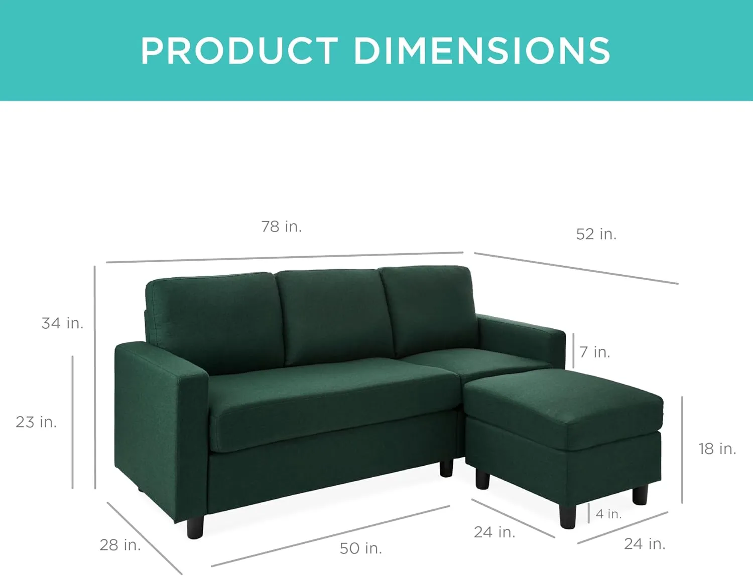 Best Choice Products Upholstered Sectional Sofa for Home, Apartment, Dorm, Bonus Room, Compact Spaces w/Chaise Lounge, 3-Seat, L-Shape Design, Reversible Ottoman Bench, 680lb Capacity - Dark Green