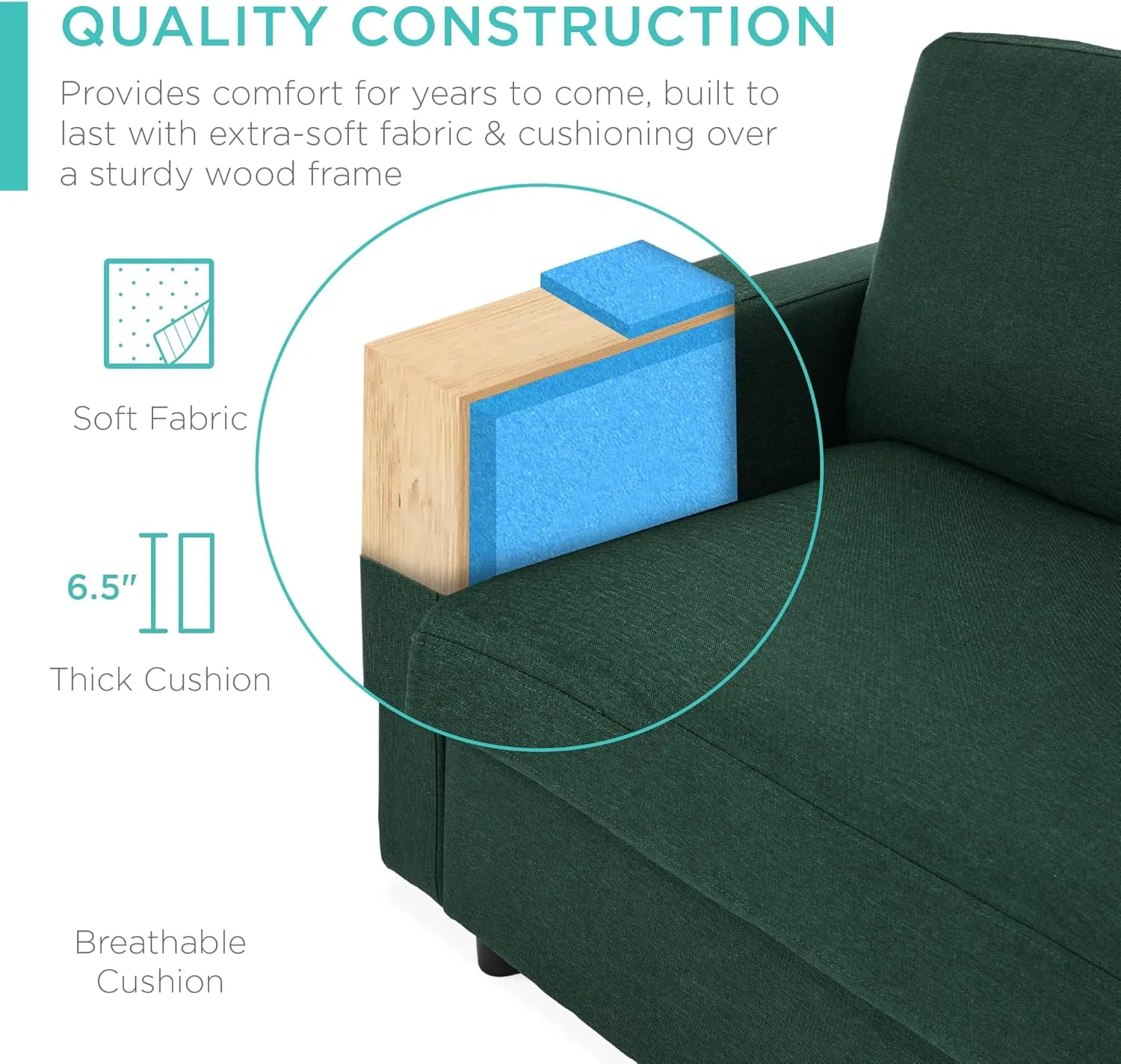 Best Choice Products Upholstered Sectional Sofa for Home, Apartment, Dorm, Bonus Room, Compact Spaces w/Chaise Lounge, 3-Seat, L-Shape Design, Reversible Ottoman Bench, 680lb Capacity - Dark Green