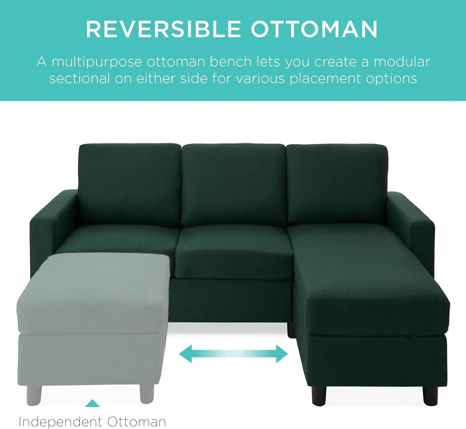 Best Choice Products Upholstered Sectional Sofa for Home, Apartment, Dorm, Bonus Room, Compact Spaces w/Chaise Lounge, 3-Seat, L-Shape Design, Reversible Ottoman Bench, 680lb Capacity - Dark Green